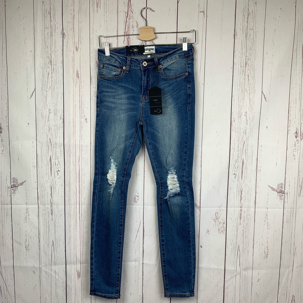 Umgee High Waist Skinny Jeans Distressed Knee - Picture 2 of 7